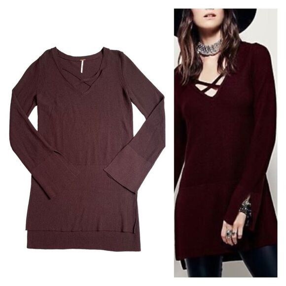 Free People Criss Cross Sweater Tunic Top Split Hem Bell Sleeve Wine Size Small - Picture 1 of 12